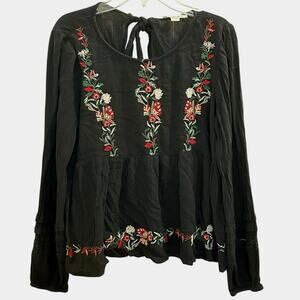 American Eagle Floral Embroidered Long Sleeve Tie Back Peasant Boho Blouse XS S